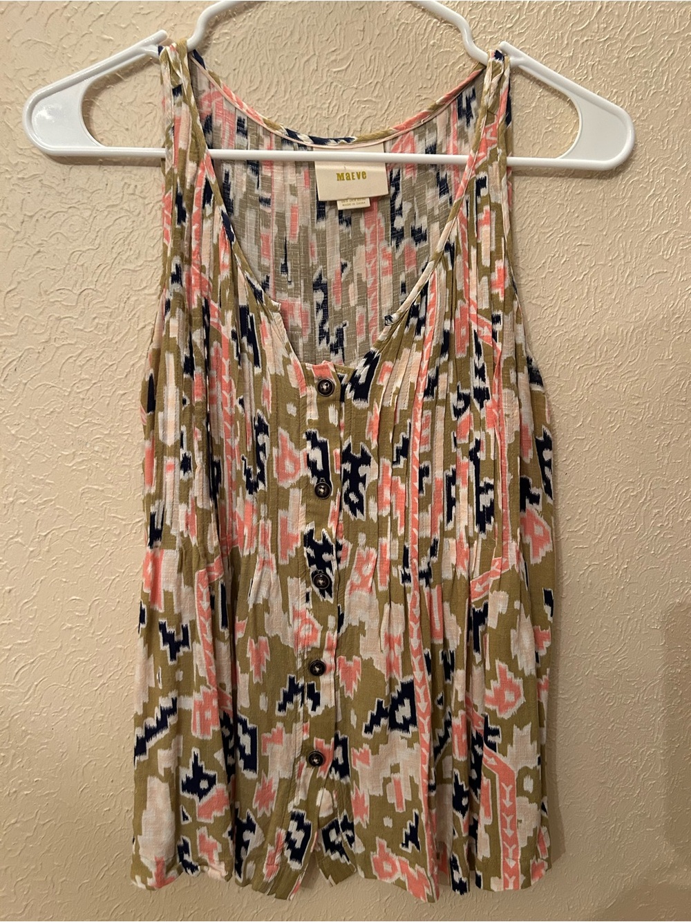 Maeve Olive & Pink Floral-Print Button Front Tank, size small
